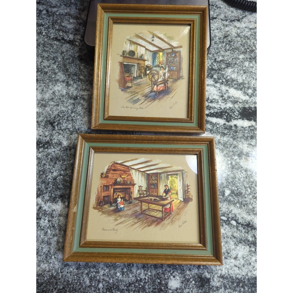 Vintage Paul Porter Framed Art The Old Spinning Wheel & Peace And Plenty Cottage